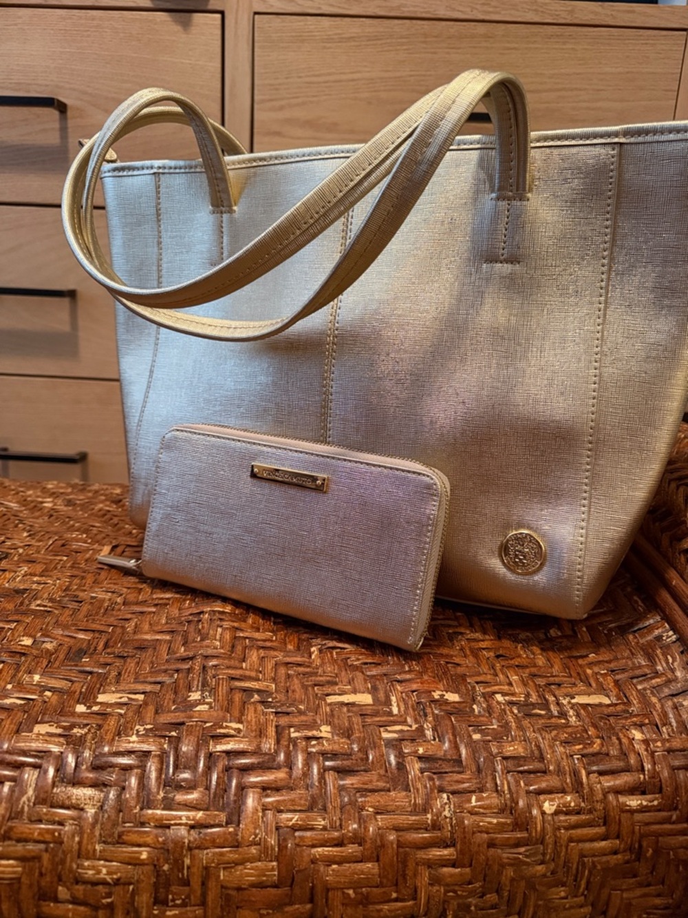 Metallic Gold Tote Bag with Matching Wallet - Brand: Vince Camuto